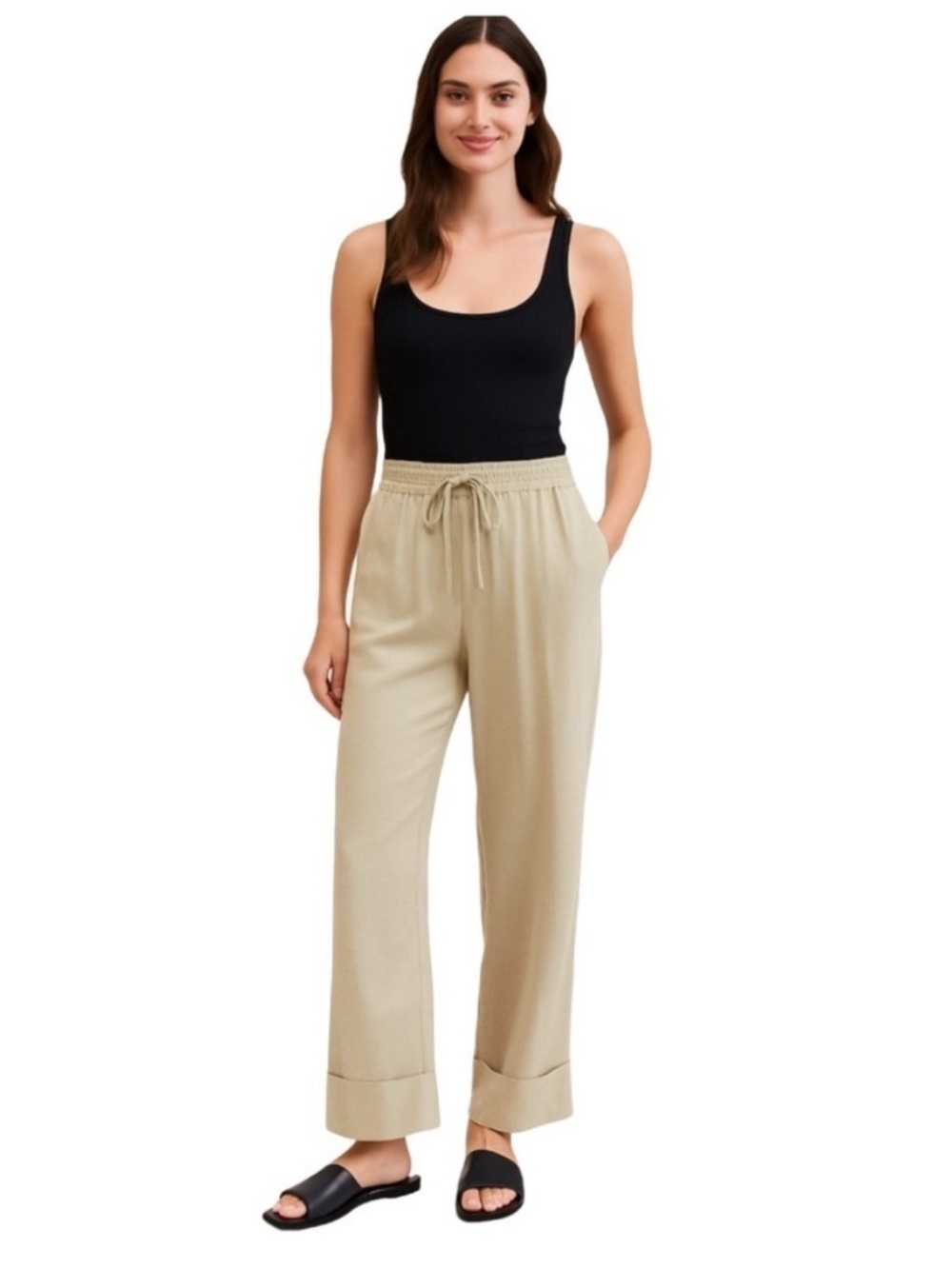 ZARA High Waisted Cuffed Wide Leg Pull On Crop Pant